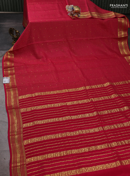 Pure mysore silk saree tomato pink with allover zari checks & buttas and zari woven border