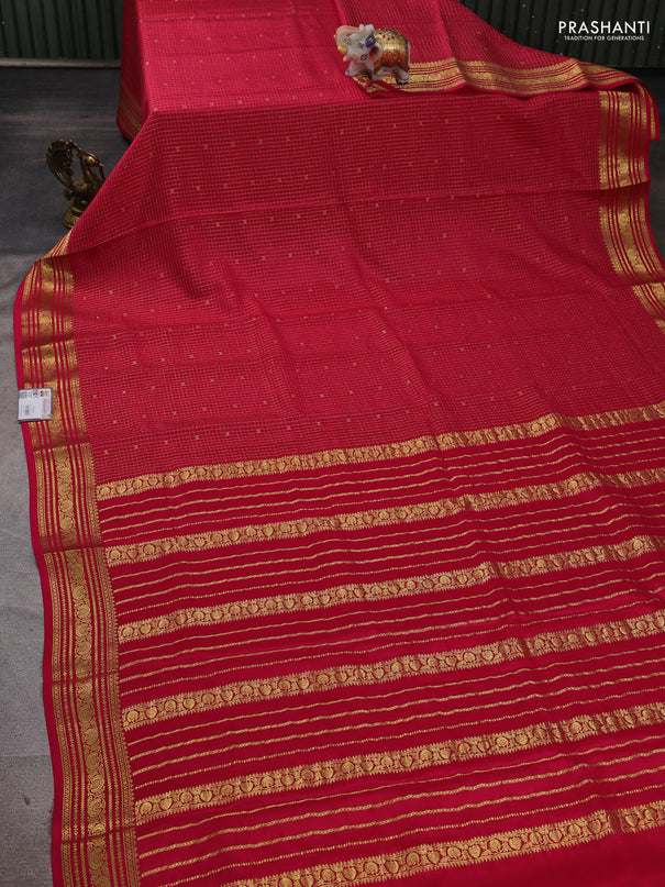 Pure mysore silk saree tomato pink with allover zari checks & buttas and zari woven border