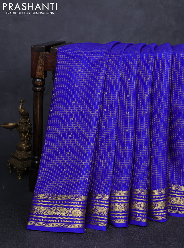 Pure mysore silk saree royal blue with allover zari checks & buttas and zari woven border
