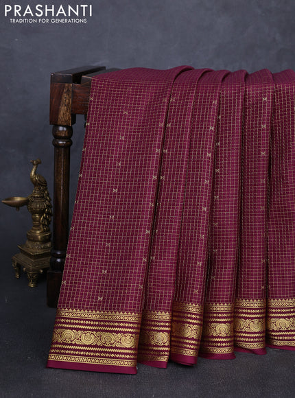 Pure mysore silk saree wine shade with allover zari checks & buttas and zari woven border