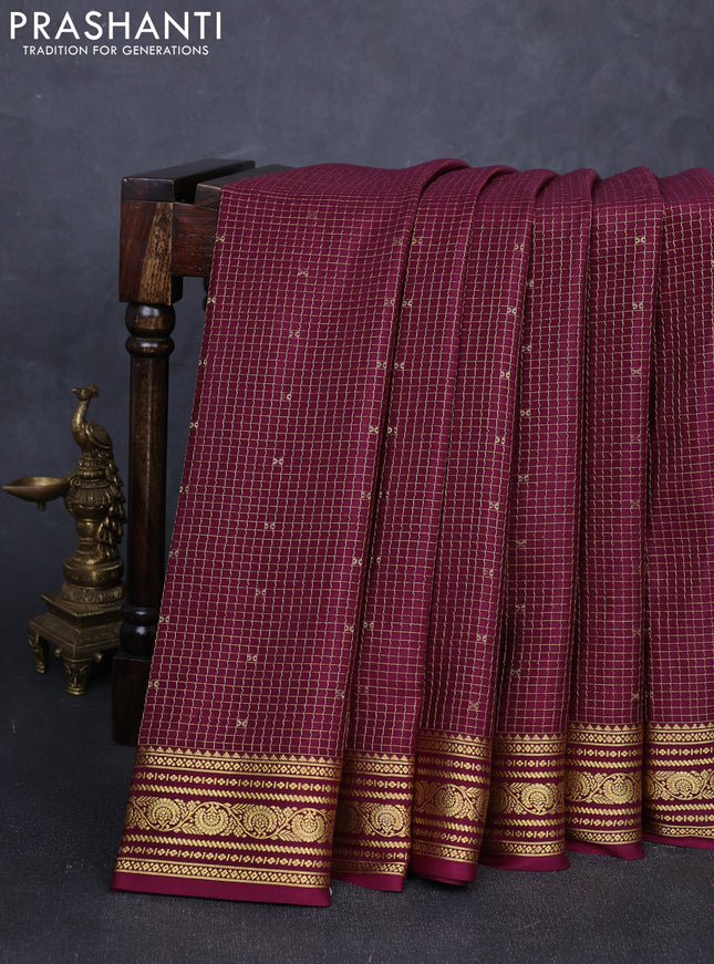 Pure mysore silk saree wine shade with allover zari checks & buttas and zari woven border