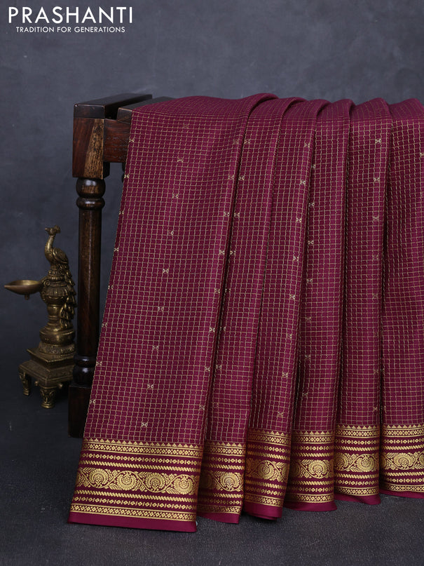 Pure mysore silk saree wine shade with allover zari checks & buttas and zari woven border