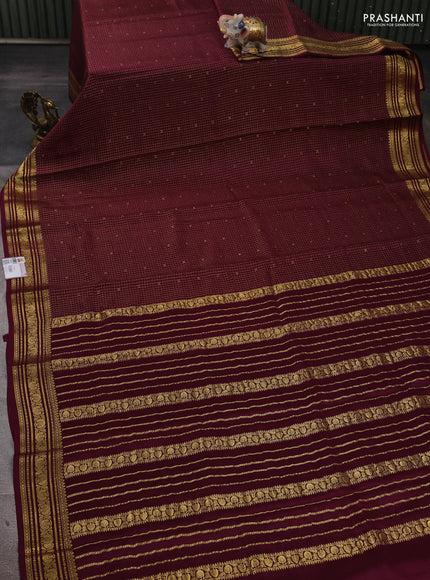 Pure mysore silk saree wine shade with allover zari checks & buttas and zari woven border
