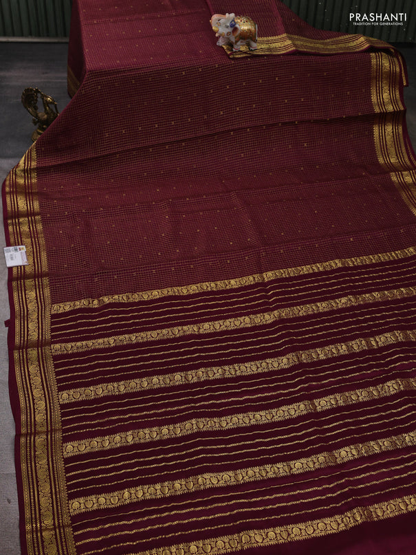 Pure mysore silk saree wine shade with allover zari checks & buttas and zari woven border