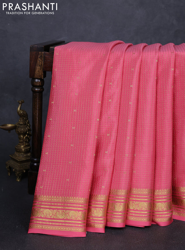 Pure mysore silk saree peach pink with allover zari checks & buttas and zari woven border