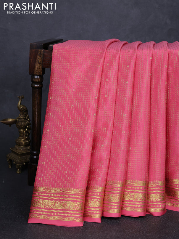 Pure mysore silk saree peach pink with allover zari checks & buttas and zari woven border