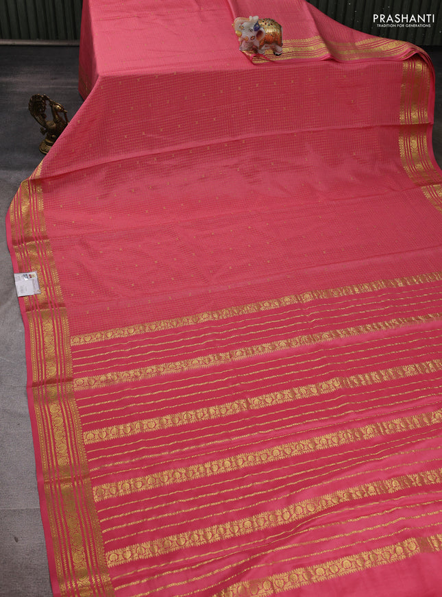 Pure mysore silk saree peach pink with allover zari checks & buttas and zari woven border