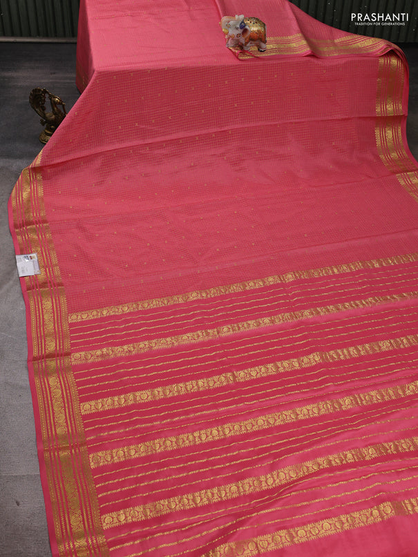 Pure mysore silk saree peach pink with allover zari checks & buttas and zari woven border