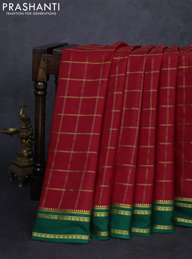 Pure mysore silk saree maroon and green with allover zari checked pattern and rettapet zari woven border