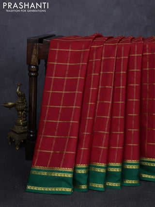 Pure mysore silk saree maroon and green with allover zari checked pattern and rettapet zari woven border
