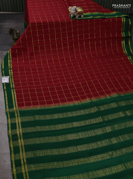 Pure mysore silk saree maroon and green with allover zari checked pattern and rettapet zari woven border