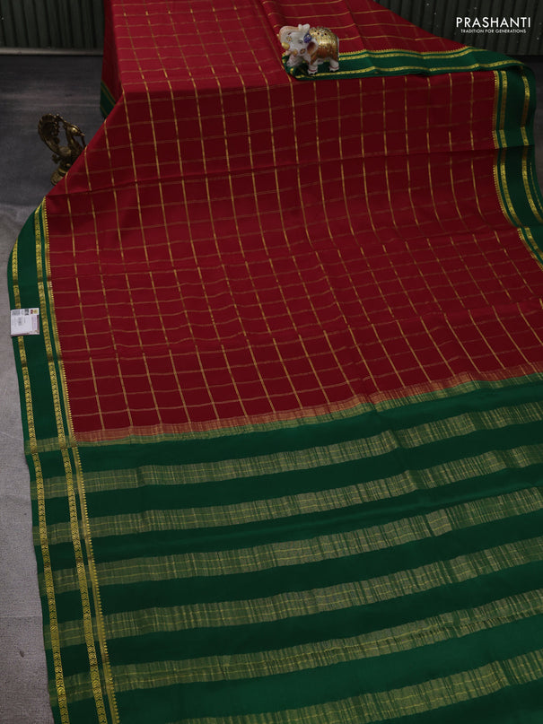 Pure mysore silk saree maroon and green with allover zari checked pattern and rettapet zari woven border