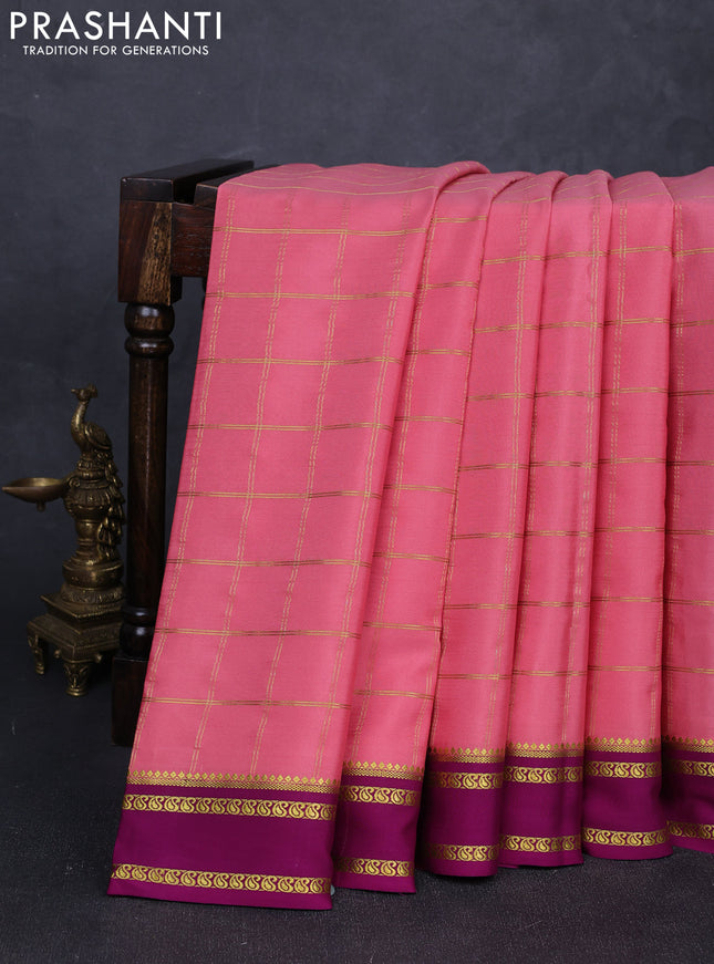 Pure mysore silk saree peach pink and magenta pink with allover zari checked pattern and rettapet zari woven border