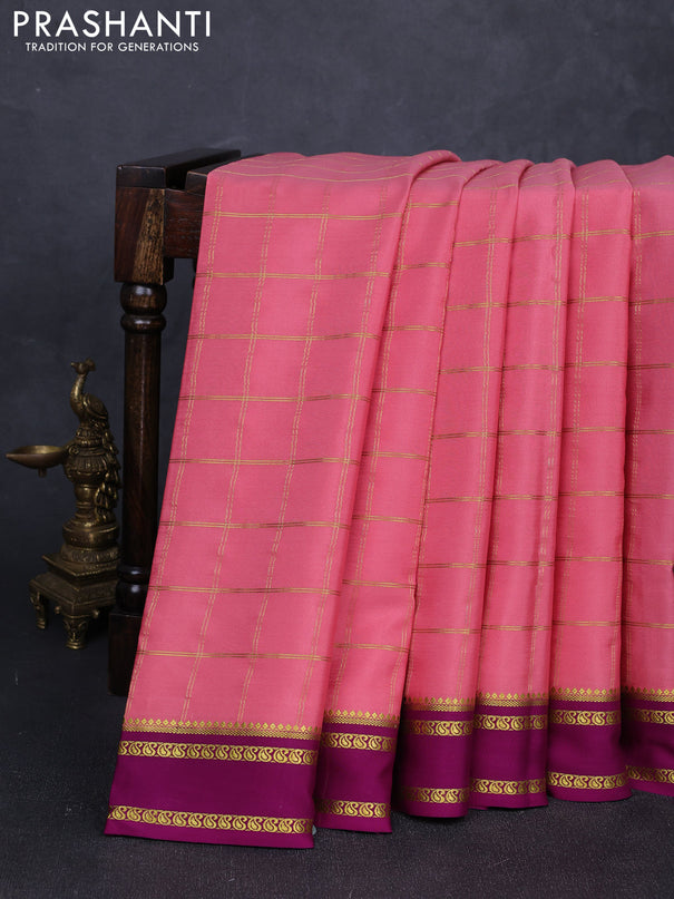 Pure mysore silk saree peach pink and magenta pink with allover zari checked pattern and rettapet zari woven border