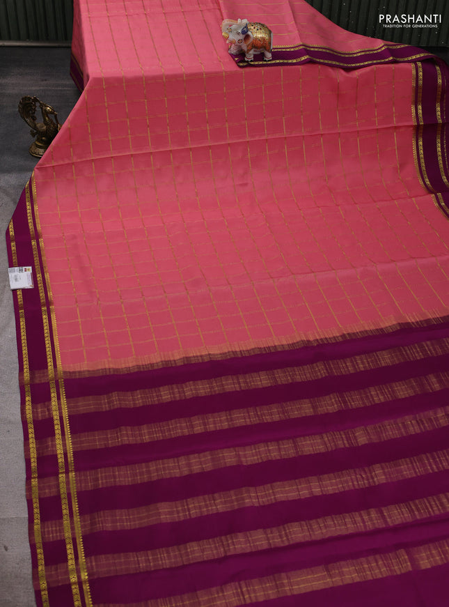 Pure mysore silk saree peach pink and magenta pink with allover zari checked pattern and rettapet zari woven border