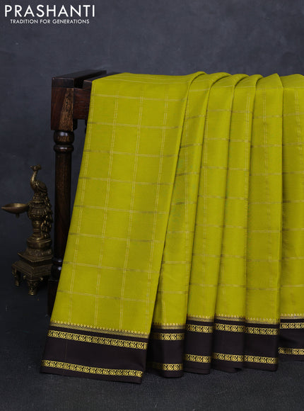 Pure mysore silk saree lime green and coffee brown with allover zari checked pattern and rettapet zari woven border