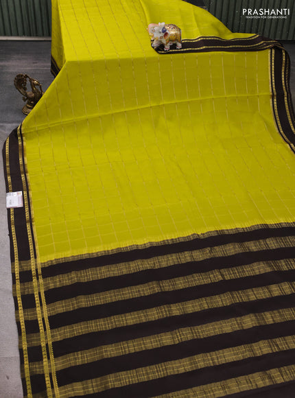 Pure mysore silk saree lime green and coffee brown with allover zari checked pattern and rettapet zari woven border