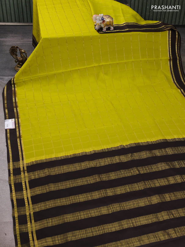 Pure mysore silk saree lime green and coffee brown with allover zari checked pattern and rettapet zari woven border