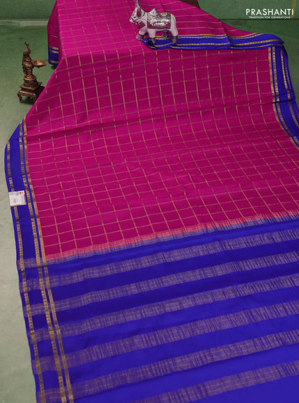 Pure mysore silk saree pink and royal blue with allover zari checked pattern and rettapet zari woven border