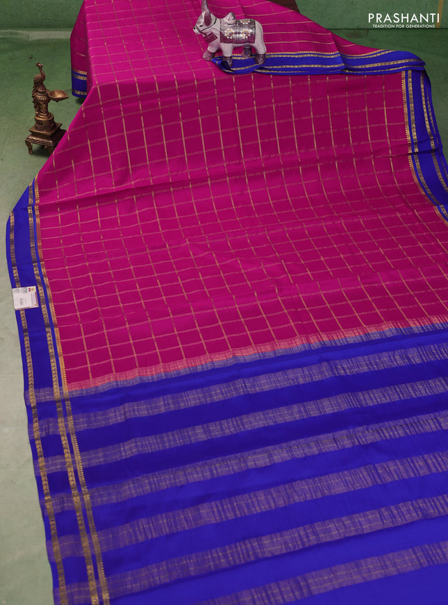 Pure mysore silk saree pink and royal blue with allover zari checked pattern and rettapet zari woven border