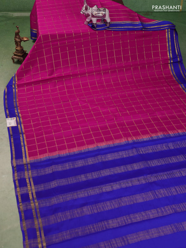 Pure mysore silk saree pink and royal blue with allover zari checked pattern and rettapet zari woven border