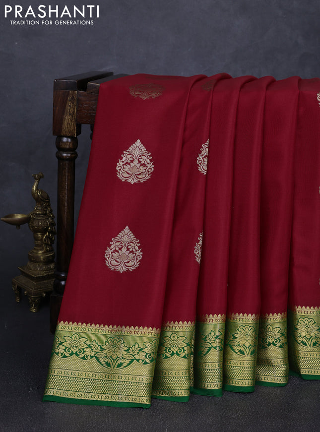 Pure mysore silk saree red and green with zari woven buttas and zari woven border