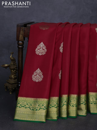 Pure mysore silk saree red and green with zari woven buttas and zari woven border