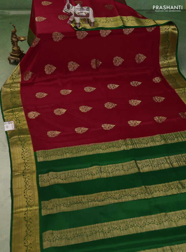 Pure mysore silk saree red and green with zari woven buttas and zari woven border