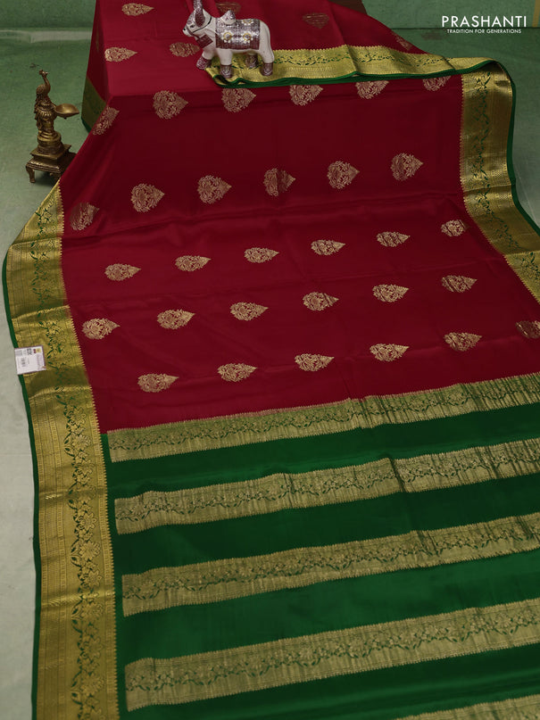 Pure mysore silk saree red and green with zari woven buttas and zari woven border