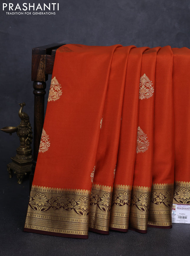 Pure mysore silk saree rust shade and coffee brown with zari woven buttas and zari woven border