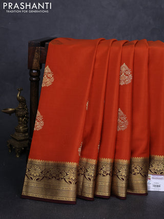 Pure mysore silk saree rust shade and coffee brown with zari woven buttas and zari woven border