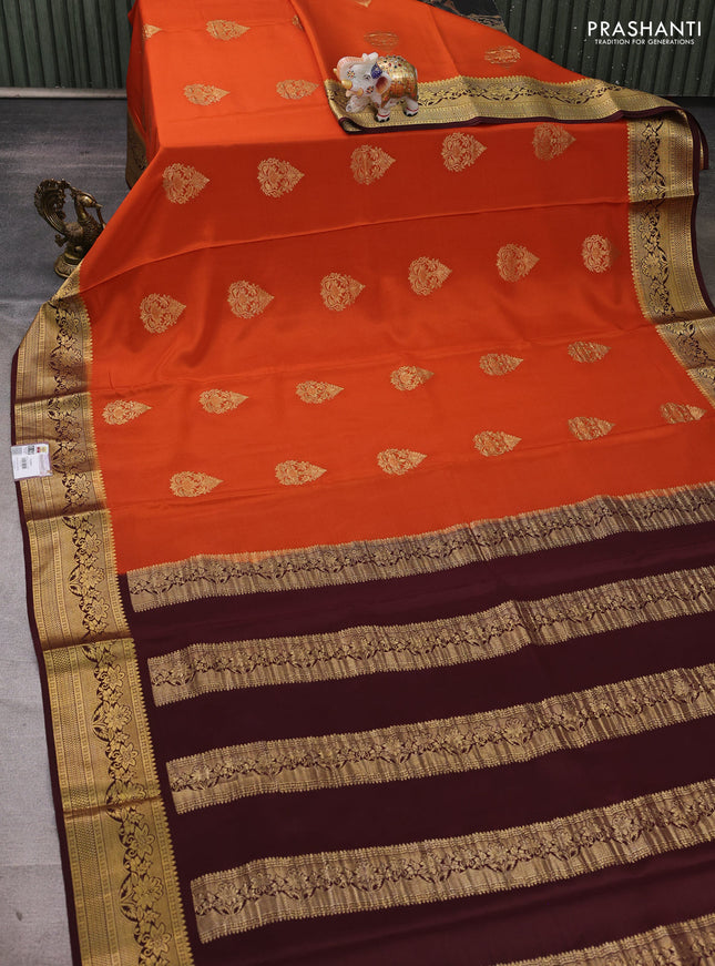 Pure mysore silk saree rust shade and coffee brown with zari woven buttas and zari woven border