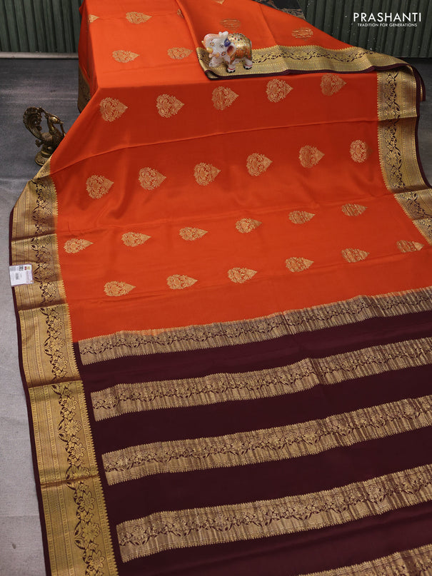 Pure mysore silk saree rust shade and coffee brown with zari woven buttas and zari woven border
