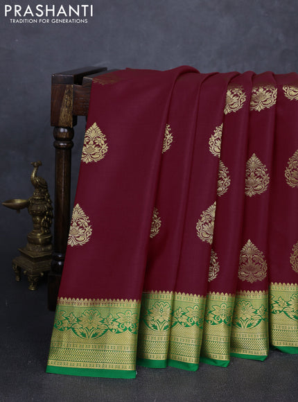 Pure mysore silk saree maroon and green with zari woven buttas and zari woven border