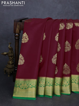 Pure mysore silk saree maroon and green with zari woven buttas and zari woven border