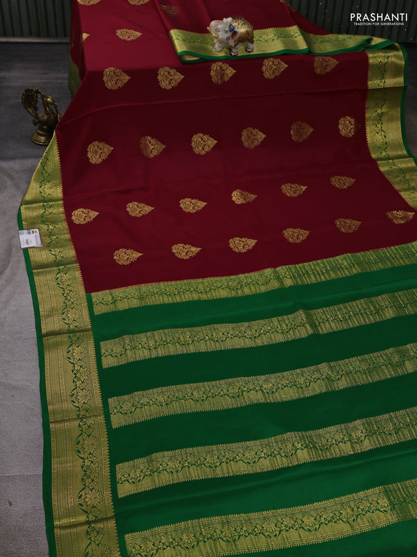 Pure mysore silk saree maroon and green with zari woven buttas and zari woven border