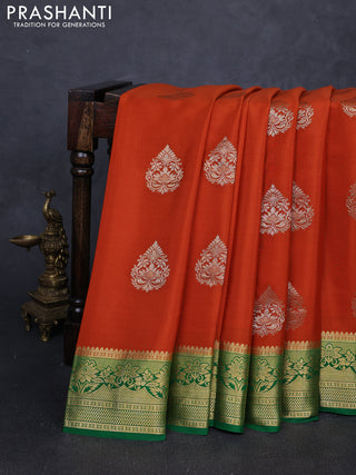 Pure mysore silk saree rustic orange and green with zari woven buttas and zari woven border