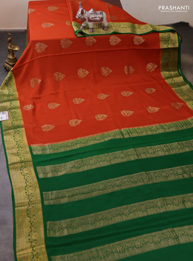 Pure mysore silk saree rustic orange and green with zari woven buttas and zari woven border