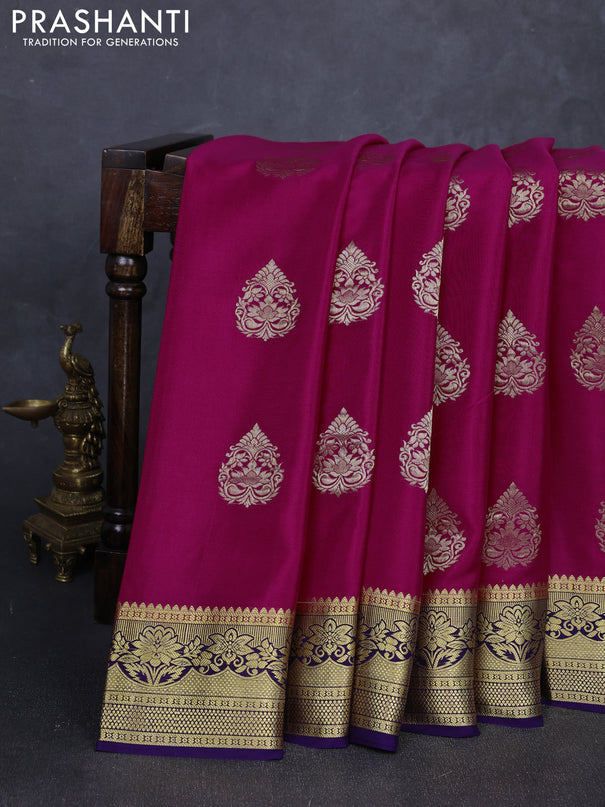Pure mysore silk saree dark pink and violet with zari woven buttas and zari woven border