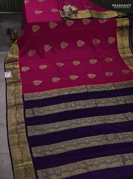Pure mysore silk saree dark pink and violet with zari woven buttas and zari woven border