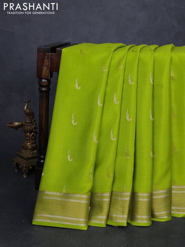 Pure mysore silk saree light green with zari woven muniya buttas and zari woven border