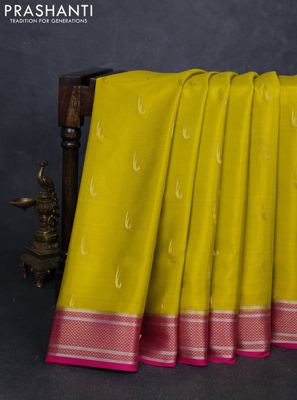 Pure mysore silk saree lime green and pink with zari woven muniya buttas and zari woven border