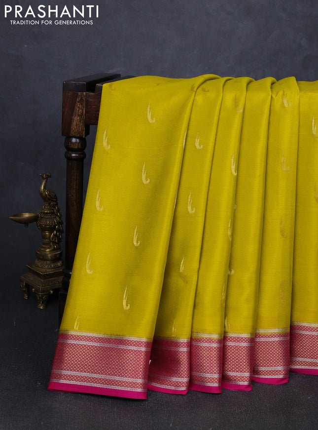 Pure mysore silk saree lime green and pink with zari woven muniya buttas and zari woven border