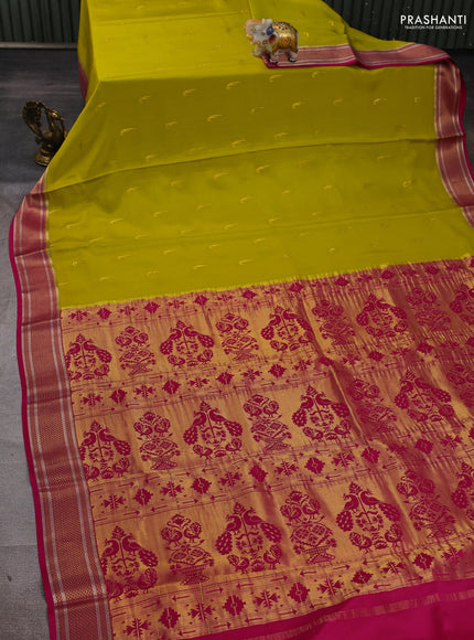 Pure mysore silk saree lime green and pink with zari woven muniya buttas and zari woven border