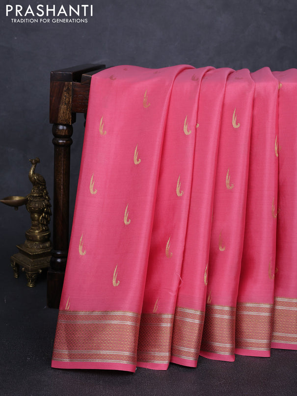 Pure mysore silk saree peach pink with zari woven muniya buttas and zari woven border