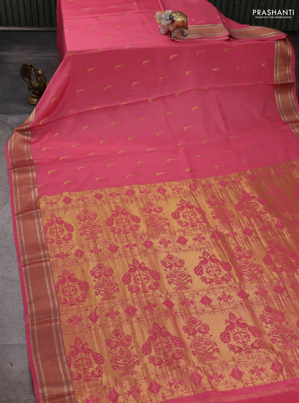 Pure mysore silk saree peach pink with zari woven muniya buttas and zari woven border