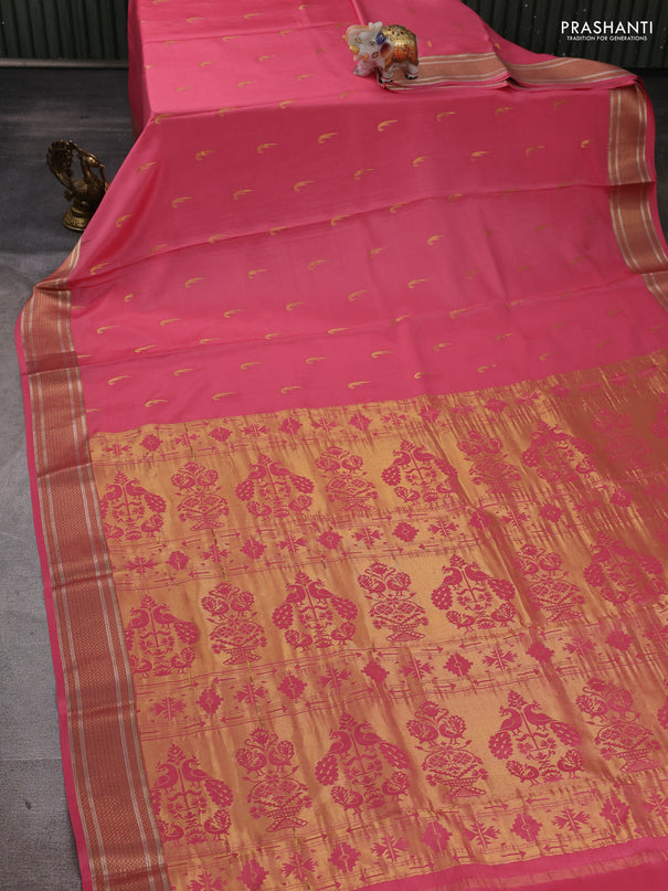 Pure mysore silk saree peach pink with zari woven muniya buttas and zari woven border