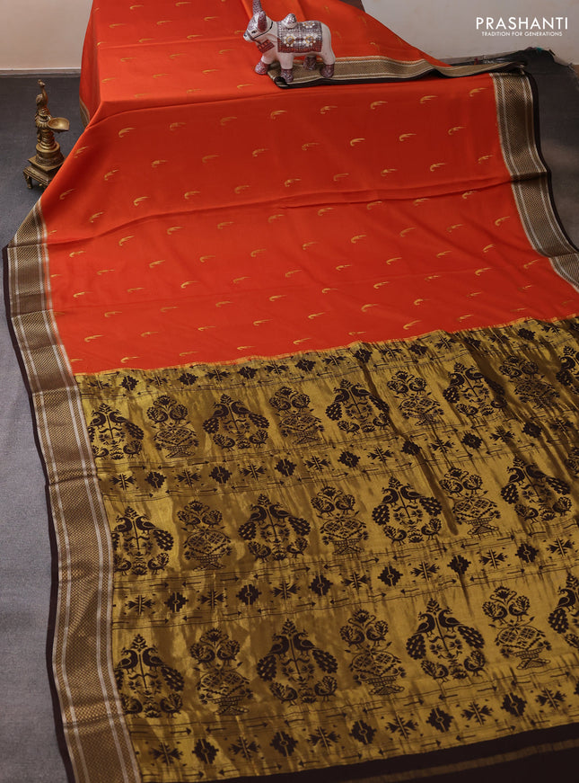 Pure mysore silk saree rust shade and coffee brown with zari woven muniya buttas and zari woven border