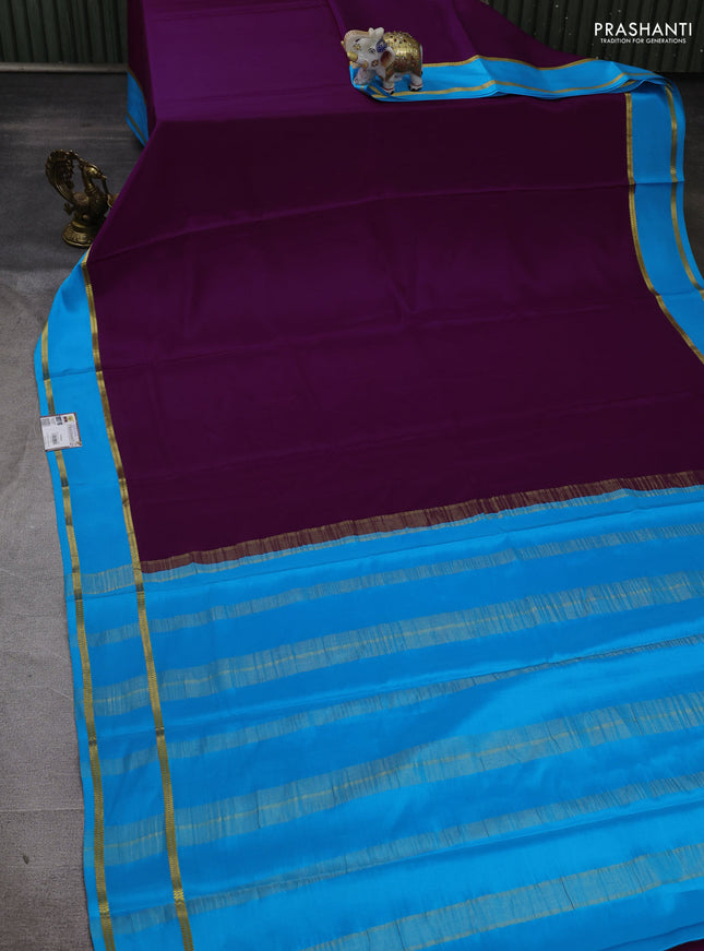 Pure mysore silk saree purple and cs blue with plain body and rettapet zari woven buttas