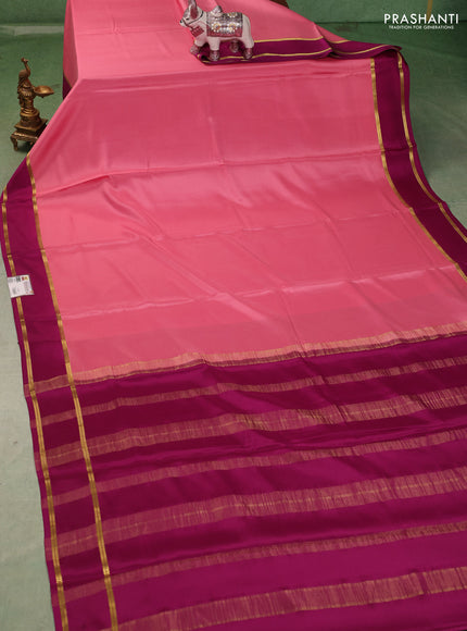 Pure mysore silk saree peach pink and magenta pink with plain body and rettapet zari woven buttas